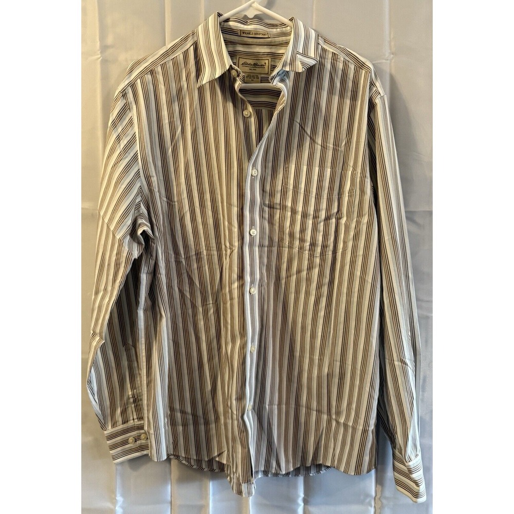 Vintage Eddie Bauer Button Shirt Brown Blue Stripe Grandpa Dad M 22" Pit To Pit